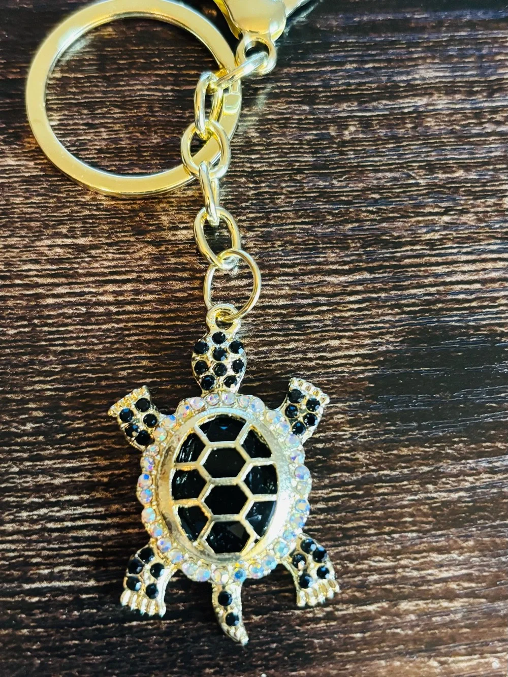 Gold-Tone Black Turtle Keychain with Crystal Rhinestone Accents